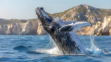 AI generated Jumping humpback whale over water. photo