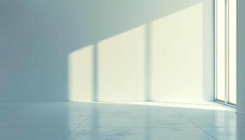 AI generated Empty room with sunlight shining, large window. White gradient soft light background of studio for artwork design. photo