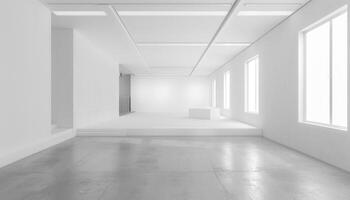 AI generated Empty room with sunlight shining, large window. White gradient soft light background of studio for artwork design. photo