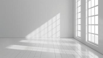 AI generated Empty room with sunlight shining, large window. White gradient soft light background of studio for artwork design. photo