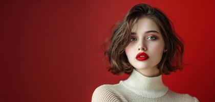 AI generated Serious young woman with red lips, styled hair isolate on red background photo