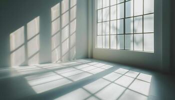 AI generated Empty room with sunlight shining, large window. White gradient soft light background of studio for artwork design. photo