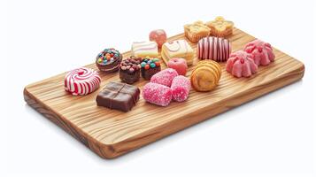 AI generated Variety of sweet treats on wooden platter, perfect for party favors, bakery selection, and sugar cravings photo