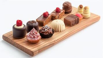 AI generated Assorted gourmet chocolates and sweets on wooden board for catering, events, or luxury gift ideas photo
