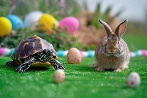 AI generated Turtle and rabbit on racing track easter theme. Generative AI photo