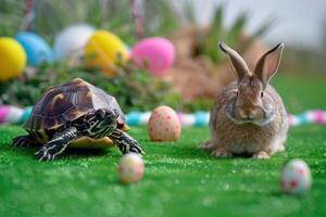 ai generado Tortuga y Conejo en carreras pista Pascua de Resurrección tema. generativo ai foto