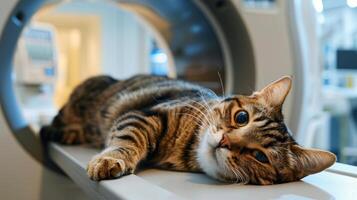 AI generated Cat lying on table before scanning in MRI equipment in veterinary clinic. Generative AI photo