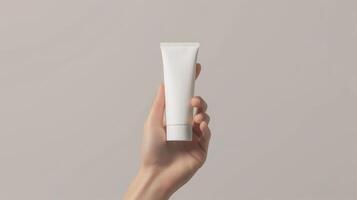 AI generated female hand holding a white cosmetic product, mockup tube of cream on a white isolated background photo