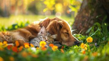 ai generado perro y gatito acostado cercanamente juntos en el césped y flor debajo el árbol con iluminado por el sol en verano foto