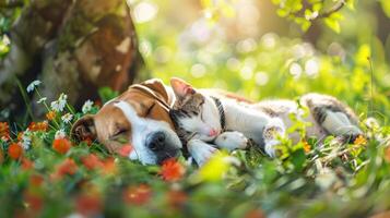 ai generado perro y gatito acostado cercanamente juntos en el césped y flor debajo el árbol con iluminado por el sol en verano foto