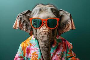 ai generado un elegante elefante vistiendo Gafas de sol y verano traje en color fondo, animal gracioso popular Arte foto