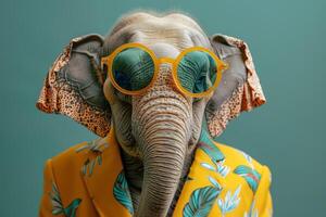 AI generated a stylish Elephant wearing sunglasses and summer suit on color background, animal funny pop art photo