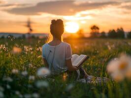 AI generated Beautiful Caucasian girl reading a book in the meadow. photo