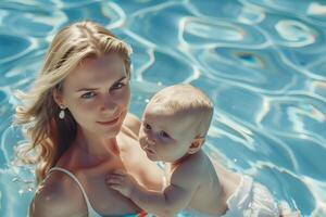 AI generated Beautiful Caucasian young mother and her baby in the swimming pool. photo