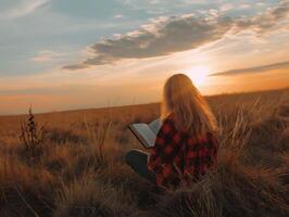 AI generated Beautiful Caucasian girl reading a book in the meadow. photo