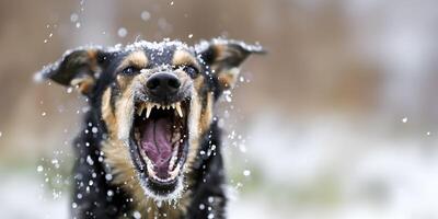 ai generado cabeza Disparo de agresivo perro ladrido. rabia virus infección concepto. foto