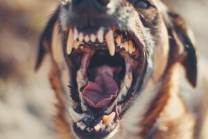 AI generated Closeup of mouth of aggressive dog barking. Rabies virus infection concept. photo