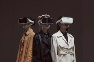 AI generated Fashionable young people wearing a mixed reality headset and experiencing metaverse and cyberspace. photo