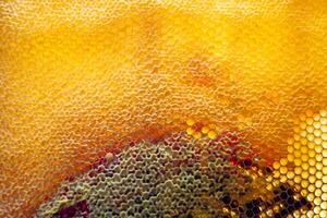 Drop of bee honey drip from hexagonal honeycombs filled with golden nectar photo