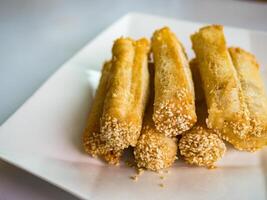 deep fried spring roll with Taro paste in plate photo