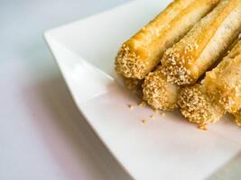 deep fried spring roll with Taro paste in plate photo