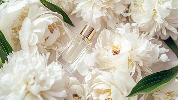 AI generated Perfume bottle in flowers, fragrance on blooming background, floral scent and cosmetic product photo