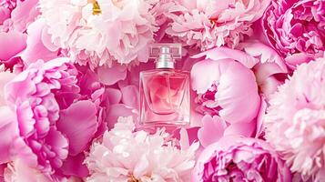 AI generated Perfume bottle in flowers, fragrance on blooming background, floral scent and cosmetic product photo