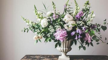 AI generated Spring flowers in vintage vase, beautiful floral arrangement, home decor, wedding and florist design photo