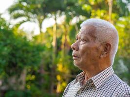 Side view of a senior man looking up while standing in a garden. Space for text. Concept of aged people and healthcare photo