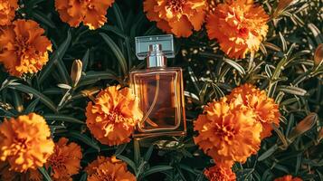 AI generated Perfume bottle in flowers, fragrance on blooming background, floral scent and cosmetic product photo