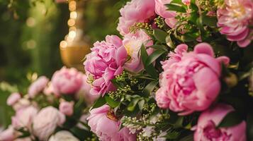 AI generated Wedding decoration with peonies, floral decor and event celebration, peony flowers and wedding ceremony in the garden, English country style photo