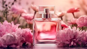 AI generated Luxurious floral scent, fragrance bottle and pink flowers, perfume commercial in flower garden, bespoke perfumery and beauty product sale, generative ai photo