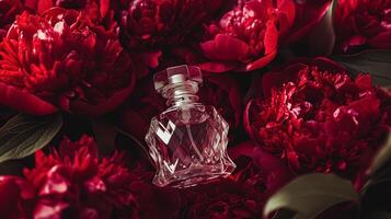 AI generated Perfume bottle in flowers, fragrance on blooming background, floral scent and cosmetic product photo