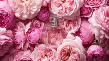 AI generated Perfume bottle in flowers, fragrance on blooming background, floral scent and cosmetic product photo