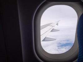 Bright blue sky and white clouds. Beautiful above sky panoramic view from the window of an airplane flying in the clouds. Feeling freedom and new inspiration. Skyline background with copy space photo