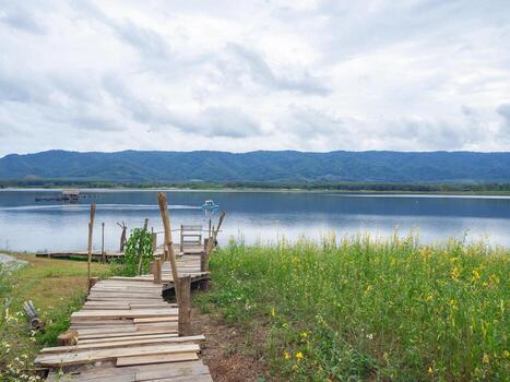 Beautiful scenic view landscape of lake and mountains in Northern Thailand photo