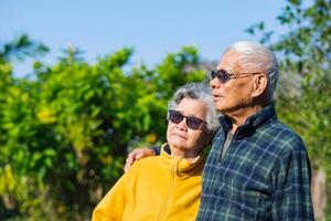 Portrait of a romantic elderly Asian couple smiling and looking at up while standing in a garden. Senior couple. Concept of aged people and healthcare photo