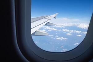 Beautiful skyline and clouds from looking out at windows on the airplane. Feeling freedom with nature scenic blue sky and help always a new inspiration and feel relaxation photo