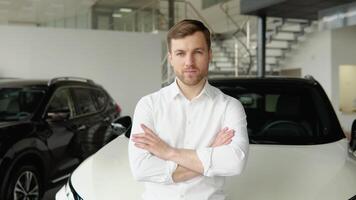 Confident car dealer providing professional service for customers video