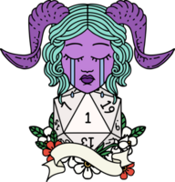 Retro Tattoo Style crying tiefling with natural one D20 roll png