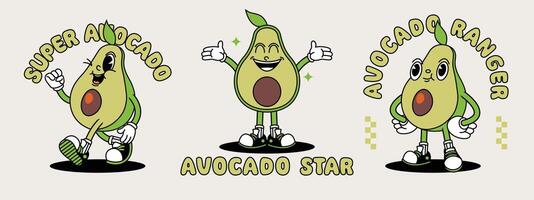 aguacate retro mascota con mano y pie. Fruta retro dibujos animados pegatinas con gracioso cómic caracteres y enguantado manos. vector