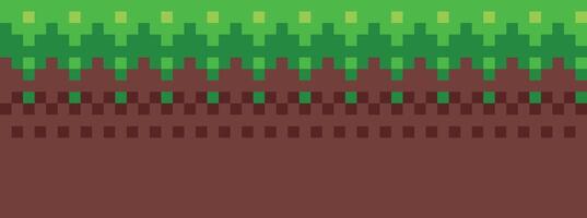 Pixel art game scene with ground, grass, trees, sky, clouds, character, coins, treasure chests and 8-bit heart vector