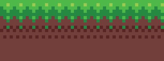 Pixel art game scene with ground, grass, trees, sky, clouds, character, coins, treasure chests and 8-bit heart vector