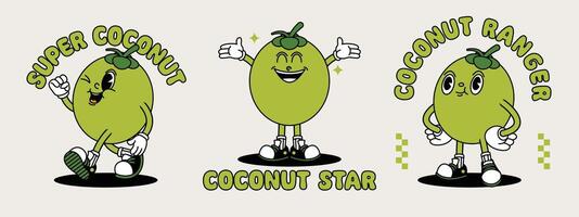 Young Coconut retro mascot with hand and foot. Fruit Retro cartoon stickers with funny comic characters and gloved hands. vector