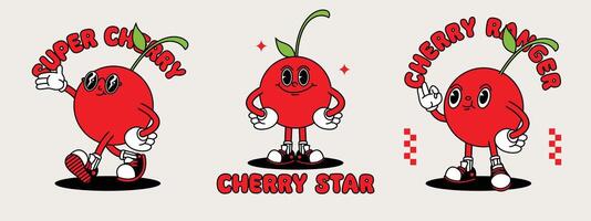 Cherry retro mascot with hand and foot. Fruit Retro cartoon stickers with funny comic characters and gloved hands. vector