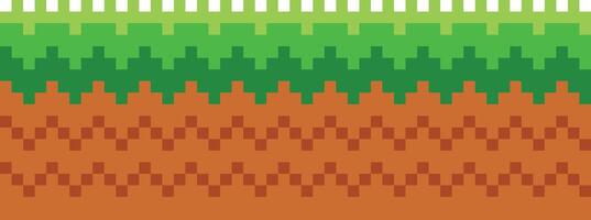 Pixel art game scene with ground, grass, trees, sky, clouds, character, coins, treasure chests and 8-bit heart vector