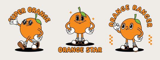 naranja retro mascota con mano y pie. Fruta retro dibujos animados pegatinas con gracioso cómic caracteres y enguantado manos. vector