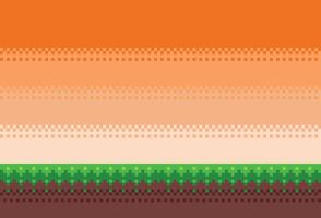 Pixel art game scene with ground, grass, trees, sky, clouds, character, coins, treasure chests and 8-bit heart vector