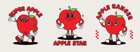 Apple retro mascot with hand and foot. Fruit Retro cartoon stickers with funny comic characters and gloved hands. vector