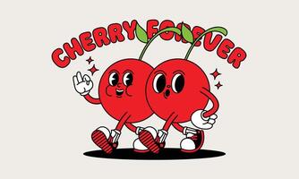 Cherry retro mascot with hand and foot. Fruit Retro cartoon stickers with funny comic characters and gloved hands. vector